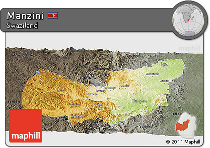 Physical Panoramic Map of Manzini, darken, semi-desaturated