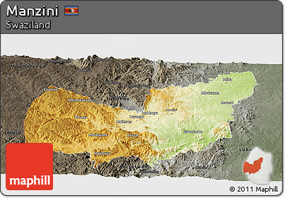Physical Panoramic Map of Manzini, darken, semi-desaturated