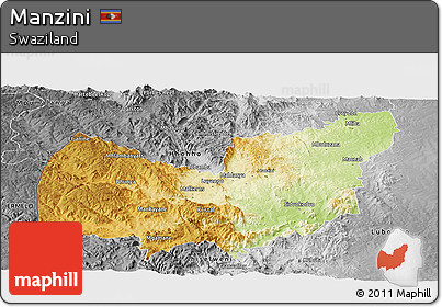 Physical Panoramic Map of Manzini, desaturated