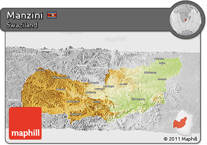 Physical Panoramic Map of Manzini, lighten, desaturated
