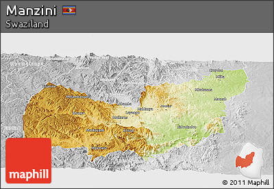 Physical Panoramic Map of Manzini, lighten, desaturated