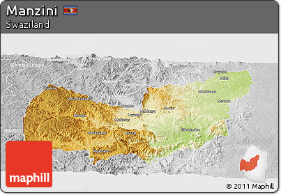Physical Panoramic Map of Manzini, lighten, desaturated