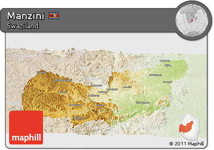 Physical Panoramic Map of Manzini, lighten