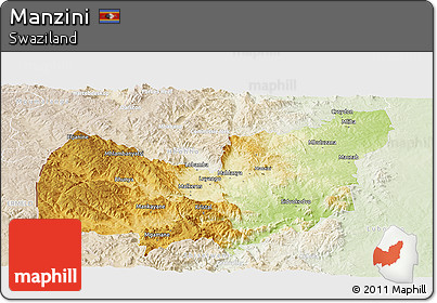 Physical Panoramic Map of Manzini, lighten