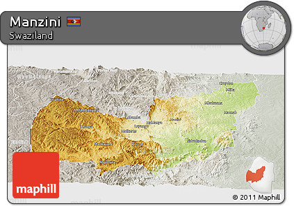 Physical Panoramic Map of Manzini, lighten, semi-desaturated