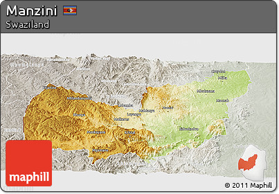 Physical Panoramic Map of Manzini, lighten, semi-desaturated