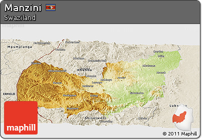 Physical Panoramic Map of Manzini, shaded relief outside