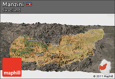 Satellite Panoramic Map of Manzini, darken, semi-desaturated
