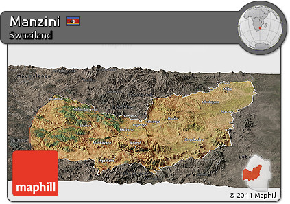 Satellite Panoramic Map of Manzini, darken, semi-desaturated