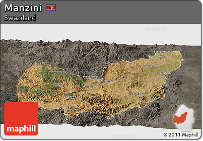 Satellite Panoramic Map of Manzini, darken, semi-desaturated