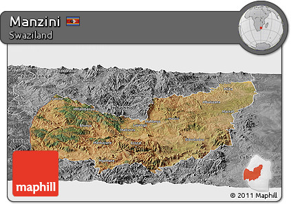 Satellite Panoramic Map of Manzini, desaturated