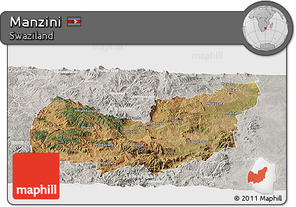 Satellite Panoramic Map of Manzini, lighten, semi-desaturated