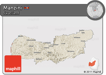 Shaded Relief Panoramic Map of Manzini, cropped outside