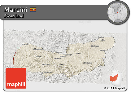 Shaded Relief Panoramic Map of Manzini, lighten, semi-desaturated