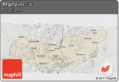 Shaded Relief Panoramic Map of Manzini, lighten, semi-desaturated