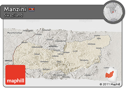 Shaded Relief Panoramic Map of Manzini, semi-desaturated