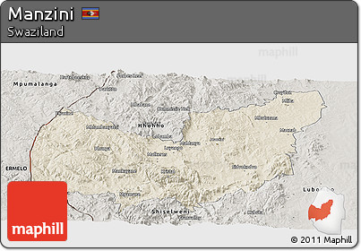 Shaded Relief Panoramic Map of Manzini, semi-desaturated