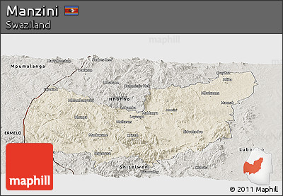 Shaded Relief Panoramic Map of Manzini, semi-desaturated