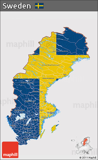 Flag 3D Map of Sweden, flag aligned to the middle