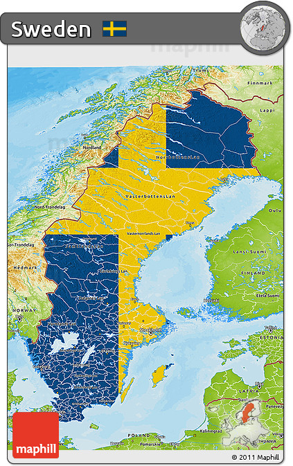 Flag 3D Map of Sweden, physical outside, bathymetry sea, flag aligned to the middle
