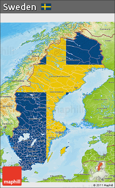 Flag 3D Map of Sweden, physical outside, bathymetry sea, flag aligned to the middle