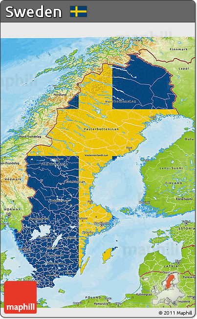 Flag 3D Map of Sweden, physical outside, bathymetry sea, flag aligned to the middle