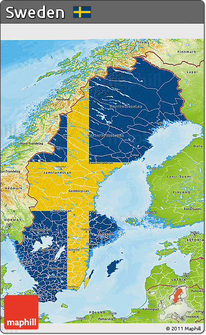 Flag 3D Map of Sweden, physical outside, bathymetry sea