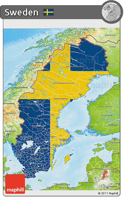 Flag 3D Map of Sweden, physical outside, flag aligned to the middle