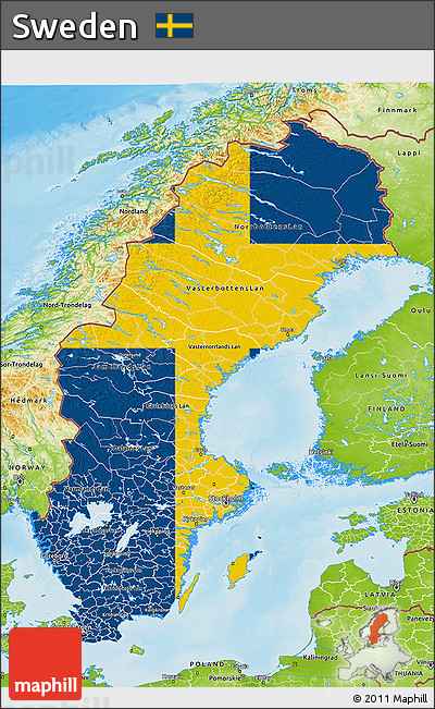 Flag 3D Map of Sweden, physical outside, flag aligned to the middle