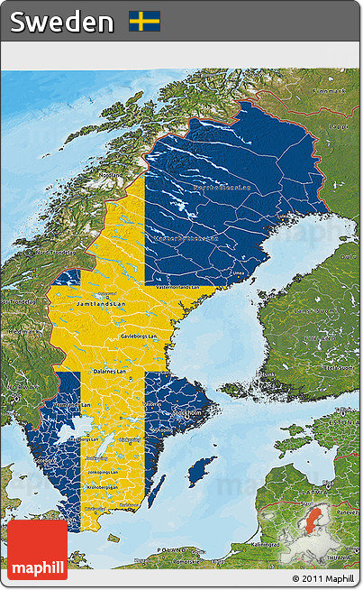 Flag 3D Map of Sweden, satellite outside, bathymetry sea, flag centered