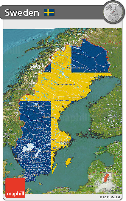 Flag 3D Map of Sweden, satellite outside, flag aligned to the middle