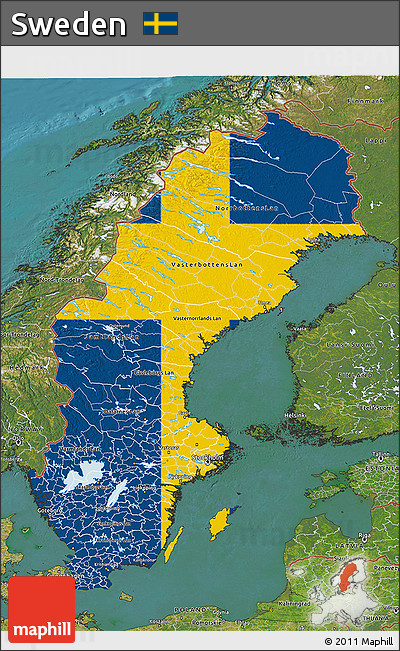 Flag 3D Map of Sweden, satellite outside, flag aligned to the middle
