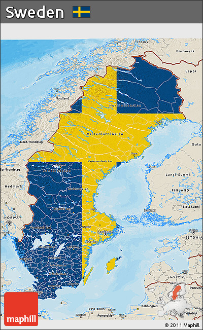 Flag 3D Map of Sweden, shaded relief outside, bathymetry sea, flag aligned to the middle