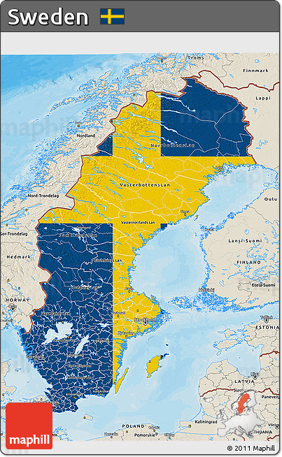 Flag 3D Map of Sweden, shaded relief outside, bathymetry sea, flag aligned to the middle
