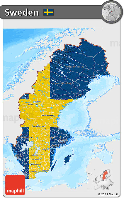 Flag 3D Map of Sweden, single color outside, bathymetry sea, flag centered