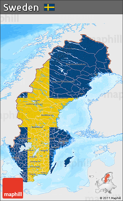 Flag 3D Map of Sweden, single color outside, bathymetry sea, flag centered