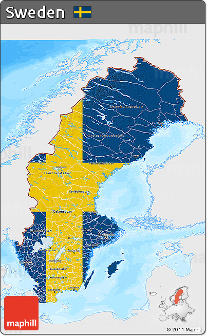 Flag 3D Map of Sweden, single color outside, bathymetry sea, flag centered