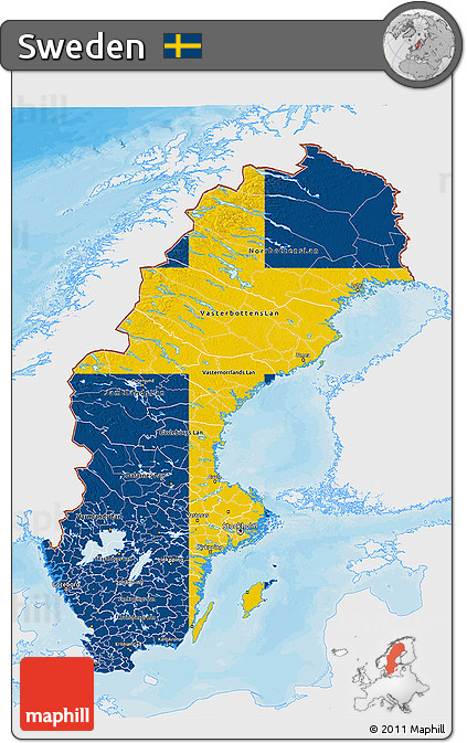 Flag 3D Map of Sweden, single color outside, bathymetry sea, shaded relief sea, flag aligned to the middle