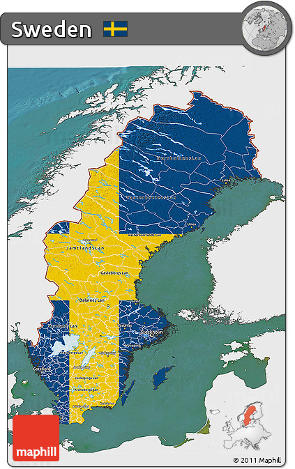 Flag 3D Map of Sweden, single color outside, satellite sea, flag centered