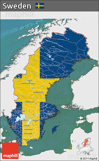 Flag 3D Map of Sweden, single color outside, satellite sea, flag centered