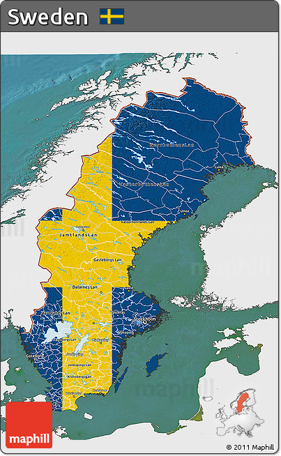 Flag 3D Map of Sweden, single color outside, satellite sea, flag centered