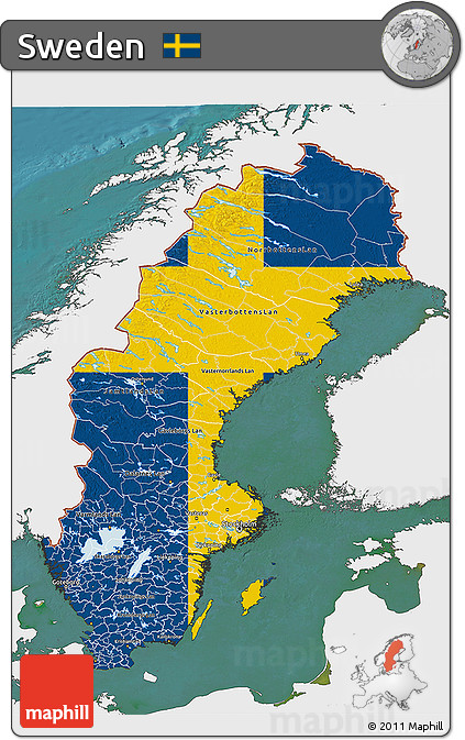 Flag 3D Map of Sweden, single color outside, satellite sea, flag aligned to the middle