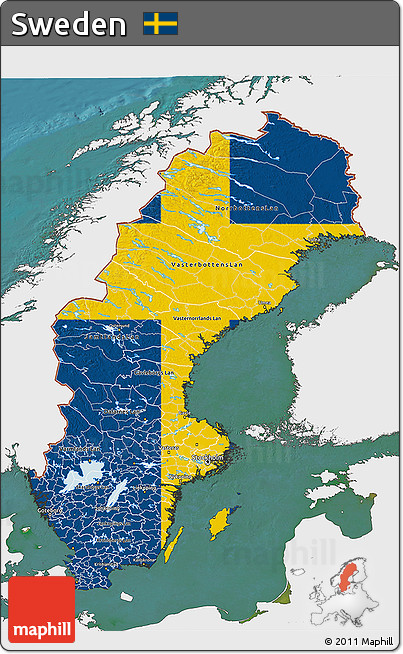 Flag 3D Map of Sweden, single color outside, satellite sea, flag aligned to the middle