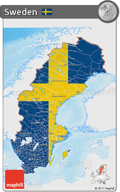 Flag 3D Map of Sweden, single color outside, shaded relief sea, flag rotated