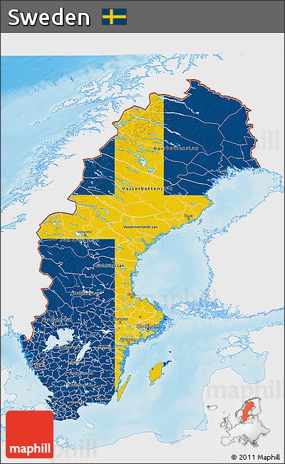 Flag 3D Map of Sweden, single color outside, shaded relief sea, flag rotated
