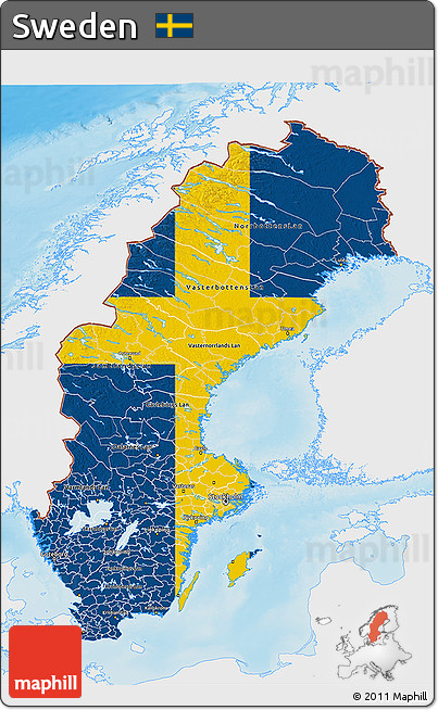 Flag 3D Map of Sweden, single color outside, shaded relief sea, flag rotated