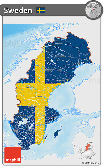 Flag 3D Map of Sweden, single color outside, shaded relief sea
