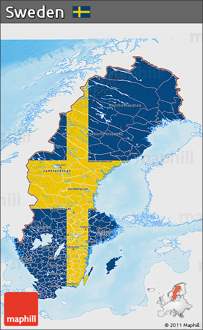 Flag 3D Map of Sweden, single color outside, shaded relief sea