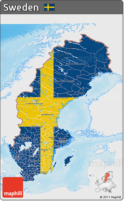 Flag 3D Map of Sweden, single color outside, shaded relief sea