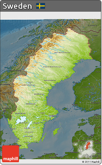 Physical 3D Map of Sweden, darken
